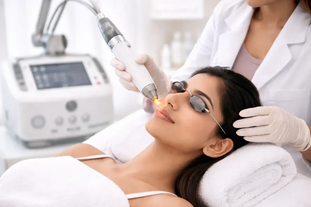 Laser skin treatment in progress for acne scars, pigmentation, and skin rejuvenation, performed with advanced laser technology in a modern cosmetology clinic.